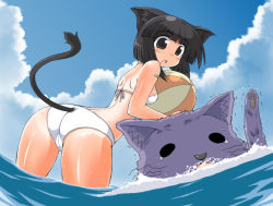 Rule 34 | 1girl, animal ears, asphyxiation, ass, ball, beachball, bikini, black eyes, black hair, bob cut, bubble, cat, cat ears, cat girl, cat tail, cloud, day, drowning, fisheye, looking at another, naitou, naitou kouse, one-piece tan, open mouth, outdoors, shiny skin, short hair, sky, solid oval eyes, solo, swimsuit, tail, tan, tanline, tears, trembling, water, wet, white bikini