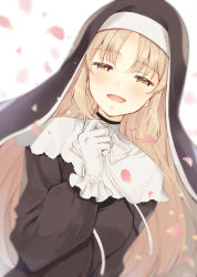 Rule 34 | 1girl, black dress, blonde hair, brown eyes, dress, dutch angle, gloves, hazuki natsu, highres, long hair, long sleeves, looking at viewer, neck ribbon, nijisanji, nun, open mouth, petals, puffy long sleeves, puffy sleeves, ribbon, simple background, sister claire, sister claire (1st costume), solo, traditional nun, upper body, veil, virtual youtuber, white background, white gloves