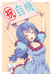 Rule 34 | 1girl, :d, animal ears, blue dress, blue hair, breasts, cleavage, closed eyes, collarbone, commentary request, crescent print, dress, highres, long hair, low twintails, medium breasts, mizunisabano, open mouth, rabbit ears, rabbit girl, rabbit tail, seiran (touhou), short sleeves, sign, smile, socks, solo, star (symbol), star print, tail, touhou, translation request, twintails, unfinished dream of all living ghost, white socks, yellow background