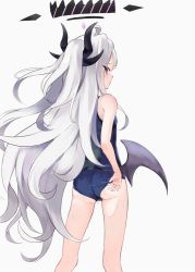 Rule 34 | 1girl, ahoge, ass, bare arms, bare legs, bare shoulders, blue archive, from behind, halo, hina (blue archive), hina (swimsuit) (blue archive), horns, long hair, low wings, multiple horns, old school swimsuit, purple eyes, school swimsuit, solo, swimsuit, watanuki 416, white hair, wings