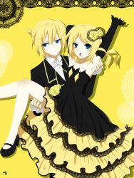 Rule 34 | 1boy, 1girl, ai (kuroha-chan), armpits, bad id, bad pixiv id, bare shoulders, blonde hair, blue eyes, bow, bowtie, brother and sister, carrying, dress, elbow gloves, flower, gloves, highres, kagamine len, kagamine rin, kuroha ai, princess carry, rose, short hair, siblings, smile, twins, vocaloid, yellow theme