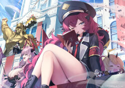 Rule 34 | 6+girls, aircraft, armband, black footwear, black headwear, black ribbon, black shirt, blue archive, book, boots, breasts, building, closed eyes, crossed legs, day, dirigible, flag, fuuka (blue archive), hair between eyes, hair ribbon, halo, hat, hina (blue archive), holding, holding book, horns, huge breasts, ibuki (blue archive), iroha (blue archive), izumi (blue archive), izuna (blue archive), long hair, long sleeves, makoto (blue archive), matanonki, michiru (blue archive), multiple girls, necktie, official art, one eye closed, outdoors, peaked cap, pink hair, red hair, red necktie, ribbon, satsuki (blue archive), shirt, sitting, statue, tsukuyo (blue archive), very long hair