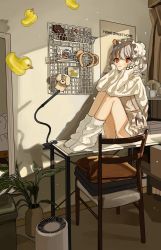 Rule 34 | 1girl, bedroom, blouse, bonnet, chair, closed mouth, commentary, desk, desk lamp, english text, grey hair, highres, indoors, lamp, long sleeves, loose socks, maple (abc2215), mirror, on desk, original, pink eyes, plant, poster (object), potted plant, rubber duck, shadow, shirt, sitting, sleeves past wrists, socks, solo, white headwear, white shirt, white socks