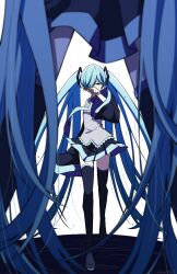 Rule 34 | 2girls, blue eyes, blue hair, boots, clone, commentary, covering own mouth, detached sleeves, dual persona, full body, hair ornament, hair over one eye, hatsune miku, highres, holding, holding scissors, kotoko0, long hair, long sleeves, mosaic roll (vocaloid), multiple girls, necktie, pleated skirt, scissors, shirt, skirt, sleeveless, sleeveless shirt, thigh boots, very long hair, vocaloid, walking, wide sleeves