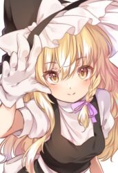 Rule 34 | 1girl, black hat, black skirt, black vest, blonde hair, blush, bow, braid, breasts, commentary request, gloves, hair ribbon, hand up, hat, hat bow, highres, kirisame marisa, kizitora hato, long hair, looking at viewer, medium breasts, pink ribbon, puffy short sleeves, puffy sleeves, ribbon, shirt, short sleeves, simple background, single braid, skirt, skirt set, smile, solo, touhou, upper body, vest, white background, white bow, white gloves, white shirt, witch hat, yellow eyes