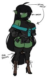 Rule 34 | 1girl, :&lt;, absurdres, ahoge, ankle boots, arrow (symbol), bare shoulders, black eyes, black thighhighs, blue nails, blush, boots, breasts, cleavage cutout, clothing cutout, colored skin, commentary, constricted pupils, detached sleeves, dress, english text, female goblin, full body, goblin, green skin, hair ornament, hairclip, halter dress, halterneck, hands on own hips, high heel boots, high heels, highres, huge breasts, jitome, large breasts, long hair, low-tied long hair, microdress, nail polish, nose blush, original, pointy ears, rei no himo, shortstack, solo, standing, stiletto heels, symbol-only commentary, thick thighs, thighhighs, thighs, very long hair, zanamaoria