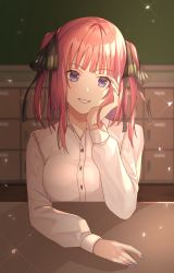 Rule 34 | 1girl, absurdres, blue eyes, blunt bangs, blurry, blurry background, classroom, collared shirt, dress shirt, go-toubun no hanayome, grin, hair ornament, head rest, highres, hwa n01, indoors, long hair, long sleeves, looking at viewer, nail polish, nakano nino, pink hair, purple nails, shirt, smile, solo, twintails, upper body, white shirt, wing collar