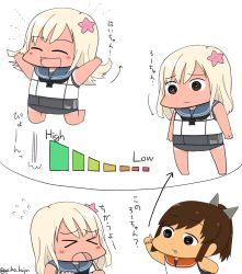 Rule 34 | 10s, 2girls, blonde hair, blush stickers, chibi, comic, crop top, flower, gaiko kujin, hair flower, hair ornament, i-401 (kancolle), jumping, kantai collection, multiple girls, ponytail, pun, ro-500 (kancolle), sailor collar, short ponytail, simple background, swimsuit, swimsuit under clothes, tan, tanline, translated
