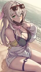 Rule 34 | 1girl, absurdres, arm scarf, beach, bikini, black mask, blush, breasts, cleavage, commission, crossed bangs, day, eyewear on head, green eyes, grey hair, hair between eyes, highres, jacket, large breasts, long hair, looking at viewer, mask, mask pull, mi2mi2 minmi, mole, mole on breast, mouth mask, o-ring, o-ring thigh strap, original, outdoors, pink scarf, ponytail, scarf, second-party source, short shorts, shorts, sitting, skeb commission, solo, sunglasses, swimsuit, thigh strap, water, white shorts