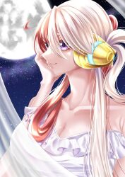 Rule 34 | 1girl, commentary request, dress, hair over one eye, hand on own face, headphones, highres, light smile, moon, multicolored hair, night, night sky, one piece, one piece film: red, onsin122, profile, purple eyes, red hair, sky, solo, twintails, two-tone hair, upper body, uta (one piece), white dress, white hair