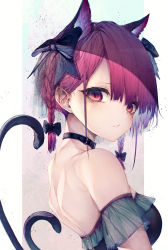 Rule 34 | 1girl, absurdres, adapted costume, alternate hair length, alternate hairstyle, animal ears, back, bare shoulders, black bow, black dress, bow, braid, breasts, cat ears, cat girl, cat tail, chromatic aberration, closed mouth, collar, dress, from side, hair bow, highres, hito komoru, huge filesize, kaenbyou rin, looking at viewer, looking to the side, medium breasts, multiple tails, off-shoulder dress, off shoulder, purple eyes, purple hair, short hair, shoulder blades, solo, tail, touhou, twin braids, two tails, upper body