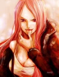 Rule 34 | 1girl, artist name, bad id, bad pixiv id, highres, jewelry bonney, licking, licking finger, licking own finger, long hair, one piece, pink hair, smile, solo, tongue, tongue out, torapunch