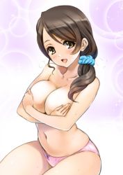 Rule 34 | 1girl, blush, bow, bow panties, breast hold, breasts, brown eyes, brown hair, bubble background, collarbone, commentary request, hair ornament, hair scrunchie, idolmaster, idolmaster cinderella girls, large breasts, long hair, looking at viewer, low ponytail, mitarashi kousei, mochida arisa, open mouth, panties, pink panties, scrunchie, side ponytail, smile, solo, sweat, thighs, topless, underwear, underwear only