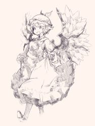 Rule 34 | 1girl, animal ears, bird ears, bird wings, blush, dress, fingernails, frilled dress, frilled sleeves, frills, hair between eyes, highres, juliet sleeves, long fingernails, long sleeves, mystia lorelei, open mouth, puffy sleeves, sharp fingernails, shima (sh1mamu), shoes, short hair, smile, solo, touhou, traditional media, winged hat, wings