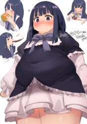 Rule 34 | 1girl, puff of air, absurdres, arms at sides, blue dress, blue hair, blunt bangs, bow, bowl, breasts, chopsticks, closed eyes, closed mouth, commentary request, commission, covered navel, cowboy shot, cropped torso, dress, drinking, eating, english text, fat, food, frederica bernkastel, frills, hair between eyes, highres, holding, holding chopsticks, holding food, lettuce, long hair, long sleeves, looking at viewer, looking down, looking to the side, multiple views, nimo (b45ui), noodles, purple eyes, ramen, sidelocks, simple background, skeb commission, small breasts, split mouth, straight hair, sweat, thick thighs, thighs, translation request, umineko no naku koro ni, upper body, white background, white dress