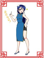 Rule 34 | 1girl, ;), alternate hairstyle, artist name, artist request, bare legs, black shorts, blue dress, blue hair, blue skirt, blush, breasts, brown eyes, china dress, chinese clothes, double bun, dress, female focus, finger gun, full body, grey footwear, hair between eyes, hair bun, hand on own hip, long hair, looking at viewer, love live!, love live! school idol project, miniskirt, one eye closed, parted lips, plaid, plaid dress, plaid skirt, pleated, pleated dress, pleated skirt, shoes, short shorts, shorts, shorts under dress, shorts under skirt, skirt, small breasts, smile, solo, sonoda umi, standing, star (symbol), star print, white background, wink, yellow eyes