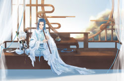 Rule 34 | 2boys, animal ears, blue eyes, blue hair, cat boy, cat ears, closed eyes, cloud, curtains, highres, instrument, instrument request, luo xiaohei, luo xiaohei (human), luo xiaohei zhanji, multiple boys, music, playing instrument, shadow, short hair, smoke, table, white hair, wuxian (the legend of luoxiaohei), yanrumo