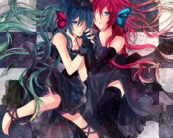 Rule 34 | 2girls, bad id, bad pixiv id, blue nails, bshi edayo, bug, butterfly, butterfly hair ornament, butterfly wings, dress, elbow gloves, fingerless gloves, gloves, hair ornament, hair over one eye, hat, hatsune miku, holding hands, insect, insect wings, long hair, magnet (vocaloid), megurine luka, multiple girls, nail polish, thighhighs, top hat, very long hair, vocaloid, wings, yuri