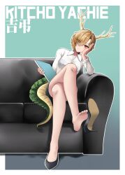 1girl absurdres blonde_hair couch crossed_legs dragon_horns dragon_tail feet hair_over_one_eye hakurei_fling highres horns kicchou_yachie light_smile looking_at_viewer medium_hair miniskirt office_lady red_eyes shoe_dangle sitting skirt soles tail toes touhou