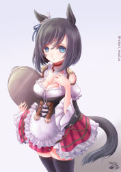 Rule 34 | 1girl, animal ears, apron, black hair, blue eyes, breasts, choker, cleavage, clothing cutout, commentary, dress, ear ornament, eishin flash (umamusume), frilled dress, frilled sleeves, frills, hand on own chest, holding, holding tray, horse ears, horse girl, horse tail, large breasts, parted lips, short hair, shoulder cutout, sirius., solo, tail, tray, umamusume, underbust, waist apron, wide sleeves