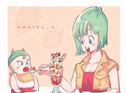 Rule 34 | 1boy, 1girl, amachu a, aqua hair, artist name, baby, bib, blue eyes, bob cut, breasts, bulma, cleavage, commentary, cropped vest, dragon ball, dragonball z, feeding, food, fruit, highres, holding, holding spoon, horned hat, ice cream, medium breasts, mother and son, open mouth, purple hair, smile, spoon, strawberry, sundae, trunks (dragon ball), vest, yellow vest