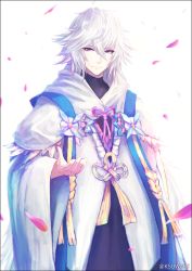 Rule 34 | 1boy, bishounen, black border, border, cowboy shot, fate/grand order, fate (series), hair between eyes, k-suwabe, long hair, long sleeves, looking at viewer, male focus, merlin (fate), open hand, outstretched hand, petals, purple eyes, robe, simple background, smile, solo, twitter username, very long hair, white background, white hair, wide sleeves