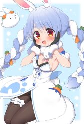 Rule 34 | 1girl, animal ear fluff, animal ears, blue hair, blush, braid, breasts, carrot, carrot hair ornament, don-chan (usada pekora), food-themed hair ornament, fur-trimmed gloves, fur scarf, fur trim, gloves, hair ornament, highres, hololive, long hair, looking at viewer, multicolored hair, open mouth, pekomon (usada pekora), rabbit ears, rabbit girl, ransusan, red eyes, short eyebrows, small breasts, smile, solo, thick eyebrows, twin braids, twintails, two-tone hair, usada pekora, usada pekora (1st costume), virtual youtuber, white hair