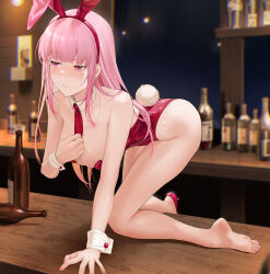Rule 34 | 1girl, 3:, absurdres, alcohol, animal ears, arm support, bar (place), bare shoulders, blunt bangs, blurry, blurry background, blush, bottle, breasts, chromatic aberration, closed mouth, collar, collarbone, commentary, detached collar, english commentary, fake animal ears, fake tail, feet, fingernails, hairband, high heels, highres, hololive, hololive english, indoors, kirachamo, kneeling, large breasts, leaning forward, legs, leotard, long hair, looking to the side, mori calliope, nail polish, necktie, pink eyes, pink hair, pink nails, playboy bunny, rabbit ears, rabbit tail, red hairband, red leotard, red necktie, shoes, single barefoot, single shoe, soles, solo, strapless, strapless leotard, table, tail, thighs, toes, virtual youtuber, white collar, white wrist cuffs, wine bottle, wooden table, wrist cuffs