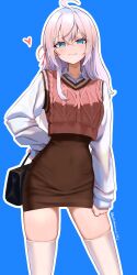 1girl absurdres ahoge alisa_mikhailovna_kujou bag black_bag blue_background blue_eyes brown_dress clenched_hand collarbone collared_shirt contrapposto covered_navel cropped_sweater crossed_bangs dot_nose dress grey_hair hair_between_eyes hair_ribbon hand_on_own_hip hand_on_own_thigh heart highres holding holding_bag kai_takanashi light_blush long_hair long_sleeves outline pink_ribbon puffy_long_sleeves puffy_sleeves red_sweater ribbon shirt short_dress sidelocks simple_background sleeveless sleeveless_dress smile sweater thighhighs tokidoki_bosotto_roshia-go_de_dereru_tonari_no_alya-san twitter_username white_outline white_shirt white_thighhighs