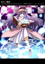 Rule 34 | 1girl, book, bow, character name, checkered background, crescent, danmaku, dress, embodiment of scarlet devil, english text, female focus, glowing, hair bow, hair ribbon, hat, highres, letterboxed, long hair, magic circle, open book, open mouth, patchouli knowledge, pentagram, purple dress, purple eyes, purple hair, ribbon, sidelocks, solo, striped clothes, striped dress, touhou, vertical stripes, very long hair, yutamaro