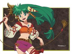 Rule 34 | 1girl, anime coloring, bare shoulders, belt, cowboy shot, cross-laced clothes, feena (grandia), floating hair, framed, grandia, grandia i, green eyes, green hair, hair ornament, hair tubes, holding, holding whip, jewelry, long hair, long sleeves, looking at viewer, low-tied long hair, midriff, miniskirt, navel, official style, open mouth, out of frame, outside border, pendant, pink skirt, red thighhighs, skirt, smile, solo, teeth, thighhighs, torn clothes, torn thighhighs, tsuna e, twitter username, weapon, whip, wide sleeves, zettai ryouiki