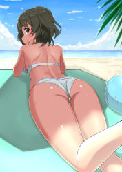 Rule 34 | 1girl, absurdres, ass, back, ball, beach, beachball, bikini, blue sky, brown hair, closed mouth, cloud, cloudy sky, commentary, day, from behind, green eyes, head rest, highres, idolmaster, idolmaster cinderella girls, idolmaster cinderella girls starlight stage, k-ya., looking at viewer, lying, mole, mole under eye, ocean, on stomach, outdoors, short hair, shoulder blades, sky, smile, solo, swimsuit, takagaki kaede, thighs, white bikini