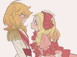 Rule 34 | 2girls, androgynous, blonde hair, blue eyes, blush, bow, dress, epaulettes, eye contact, face-to-face, from side, hair bow, highres, leaning forward, long hair, long sleeves, looking at another, marie antoinette (versailles no bara), meremero, multiple girls, oscar francois de jarjayes, pink dress, princess, profile, red bow, red sash, sash, simple background, smile, standing, versailles no bara