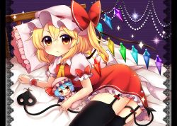Rule 34 | &gt;:&lt;, 1girl, :&lt;, absurdres, ascot, bed, black thighhighs, blonde hair, blush, bow, character doll, closed mouth, crystal, fang, flandre scarlet, garter belt, garter straps, hat, hat bow, highres, laevatein, looking at viewer, lying, mob cap, on bed, on side, open mouth, pillow, puffy short sleeves, puffy sleeves, red bow, red eyes, red shirt, red skirt, remilia scarlet, ruhika, shirt, short sleeves, side ponytail, skirt, skirt set, solo, thighhighs, touhou, v-shaped eyebrows, wings, wrist cuffs