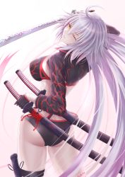 Rule 34 | 1girl, absurdres, ahoge, arm up, ass, bikini, black bikini, black gloves, black thighhighs, breasts, butt crack, commentary request, cropped jacket, fate/grand order, fate (series), flame print, floating hair, from behind, gloves, gradient background, hair between eyes, hand on hilt, head tilt, highres, holding, holding sword, holding weapon, jacket, jeanne d&#039;arc alter (swimsuit berserker) (fate), jeanne d&#039;arc (fate), jeanne d&#039;arc alter (fate), jeanne d&#039;arc alter (swimsuit berserker) (fate), katana, large breasts, long hair, long sleeves, looking at viewer, looking back, multiple swords, o-ring, o-ring bottom, one eye closed, pale skin, parted lips, penguintake, pink background, print bikini, print jacket, sheath, sheathed, shrug (clothing), silver hair, smile, solo, standing, swimsuit, sword, thighhighs, unsheathed, very long hair, weapon, white background, yellow eyes