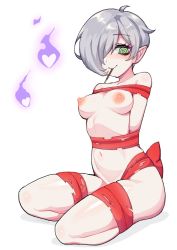 Rule 34 | 1girl, @ @, bound, breasts, caleana, commentary, english commentary, food, full body, green eyes, grey hair, hair over one eye, heart, highres, hitodama, medium breasts, mouth hold, navel, nipples, nude, original, pocky, pointy ears, red ribbon, ribbon, short hair, simple background, sitting, smile, solo, white background