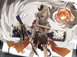 Rule 34 | 1girl, arknights, black dress, blood, blood from mouth, breasts, collarbone, commentary request, dress, feet out of frame, fire, grey hair, gun, holding, holding gun, holding weapon, horns, ifrit (arknights), looking at viewer, low twintails, orange eyes, parted lips, short sleeves, small breasts, solo, standing, striped clothes, striped dress, twintails, v-shaped eyebrows, vertical-striped clothes, vertical-striped dress, wdm998, weapon