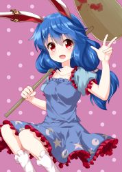 Rule 34 | 1girl, :d, ambiguous red liquid, animal ears, arm up, blue dress, blue hair, breasts, carrying over shoulder, collarbone, crescent moon symbol, crescent print, dress, earclip, feet out of frame, frilled skirt, frilled socks, frills, hair between eyes, highres, kine, kneehighs, long hair, looking at viewer, low-tied long hair, mallet, open mouth, polka dot, polka dot background, puffy short sleeves, puffy sleeves, purple background, rabbit ears, red eyes, ruu (tksymkw), seiran (touhou), short sleeves, skirt, small breasts, smile, socks, solo, star (symbol), star print, touhou, w, white socks