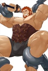 Rule 34 | 1boy, abs, armpits, bara, bare pectorals, beard, biceps, boxers, bulge, clenched teeth, facial hair, fate/zero, fate (series), feet out of frame, from below, gomtang, grey male underwear, holding, holding sword, holding weapon, iskandar (fate), large pectorals, leather, looking at viewer, male focus, male underwear, mature male, muscular, muscular male, nipples, no pants, pectorals, red eyes, red hair, scar, scar on arm, short hair, solo, stomach, sword, teeth, tentacles, tentacles on male, thick thighs, thighs, third-party source, underwear, veins, weapon