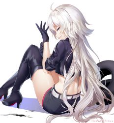 Rule 34 | 1girl, adjusting clothes, adjusting gloves, ahoge, artist name, artoria pendragon (all), artoria pendragon (fate), back, black footwear, black gloves, boots, commentary, commission, english commentary, fate/grand order, fate (series), gloves, hair between eyes, high heel boots, high heels, jeanne d&#039;arc (fate), jeanne d&#039;arc alter (avenger) (fate), jeanne d&#039;arc alter (fate), long hair, looking at viewer, oil, race queen, rimuu, saber (fate), saber (type-moon racing) (fate), silver hair, simple background, sitting, smile, solo, teeth, thighhighs, tire, very long hair, white background, yellow eyes