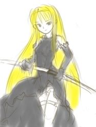 Rule 34 | 00s, blonde hair, dress, gloves, hime (kaibutsu oujo), kaibutsu oujo, sword, thighhighs, weapon, yellow (artist)