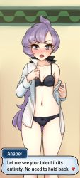 Rule 34 | 1girl, anabel (pokemon), black bra, black panties, black ribbon, blush, bow, bow bra, bow panties, bra, breasts, character name, creatures (company), earrings, english text, full-face blush, game freak, hair ribbon, highres, jewelry, long hair, long sleeves, looking at viewer, low ponytail, monorus, navel, nintendo, nose blush, open clothes, open shirt, panties, pokemon, pokemon sm, pov, purple eyes, purple hair, ribbon, shirt, small breasts, solo, underwear, undressing, white shirt