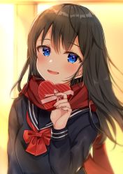 Rule 34 | 1girl, :d, backlighting, bad id, bad pixiv id, black hair, black sailor collar, black shirt, blue eyes, blurry, blurry background, blush, bow, box, breasts, commentary request, depth of field, gift, gift box, hair between eyes, hand up, heart, heart-shaped box, heart in eye, highres, holding, holding gift, katsushika pachi, long hair, long sleeves, looking at viewer, open mouth, original, pink bow, red bow, red scarf, sailor collar, scarf, school uniform, serafuku, shirt, small breasts, smile, solo, symbol in eye, upper body, valentine, very long hair