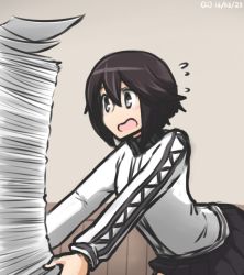Rule 34 | 10s, 1girl, black hair, commentary, dated, flying sweatdrops, hamu koutarou, hayasui (kancolle), jacket, kantai collection, long sleeves, open mouth, paper stack, short hair, grey eyes, skirt, solo, track jacket