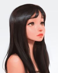 Rule 34 | 1girl, bare shoulders, black hair, brown eyes, closed mouth, highres, lips, long hair, looking afar, sam yang, simple background, solo, white background