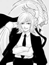 Rule 34 | 1girl, black eyes, black jacket, black necktie, black pants, breasts, business suit, chainsaw man, collared shirt, crossed arms, demon girl, demon horns, formal, greyscale, ham0728sss, horns, hybrid, jacket, unworn jacket, long hair, looking at viewer, medium breasts, monochrome, necktie, office lady, pants, sharp teeth, shirt, shirt tucked in, smile, solo, suit, teeth, transformation, untied, whip devil (chainsaw man), white shirt