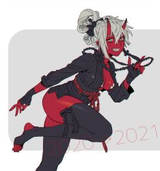 Rule 34 | 1girl, 2020, 2021, bandaged hand, bandages, black nails, black thighhighs, breasts, cleavage, colored skin, fang, foot out of frame, from side, grey background, grey hair, grin, hair between eyes, hair ornament, hand up, highres, horns, japanese clothes, jewelry, leg up, long sleeves, looking at viewer, medium breasts, muni (fdrk), nail polish, necklace, oni, open mouth, orange eyes, original, red skin, short hair, skin-covered horns, slit pupils, smile, solo, standing, standing on one leg, thighhighs, toeless legwear, white background