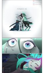 Rule 34 | 1boy, 1girl, animal ears, bandaged arm, bandaged chest, bandages, black hair, centaur, comic, english text, from side, green hair, hair between eyes, highres, holding, holding weapon, horse ears, impaled, league of legends, lillia (league of legends), long hair, odeko yma, open mouth, purple hair, sheath, speech bubble, surprised, taur, tears, unsheathed, watermark, weapon, yone (league of legends)