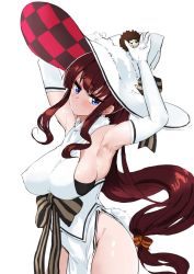 Rule 34 | 1girl, armpits, blue eyes, blush, bow, breasts, brown bow, brown hair, closed mouth, cowboy shot, elbow gloves, gloves, hand up, hat, hedgehog, jitome, kirara fantasia, large breasts, large hat, long hair, looking at viewer, new game!, pelvic curtain, ruuto (sorufu), solo, solo focus, soujirou (new game!), standing, takimoto hifumi, very long hair, white background, white gloves, white hat, witch hat