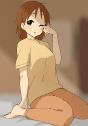 Rule 34 | 1girl, absurdres, barefoot, blurry, blurry background, brown eyes, brown hair, commentary request, full body, highres, hirasawa ui, indoors, k-on!, kicchi (tmgk), looking at viewer, medium hair, one eye closed, orange pants, pajamas, pants, parted lips, rubbing eyes, shirt, short sleeves, sitting, solo, waking up, wariza, yellow shirt
